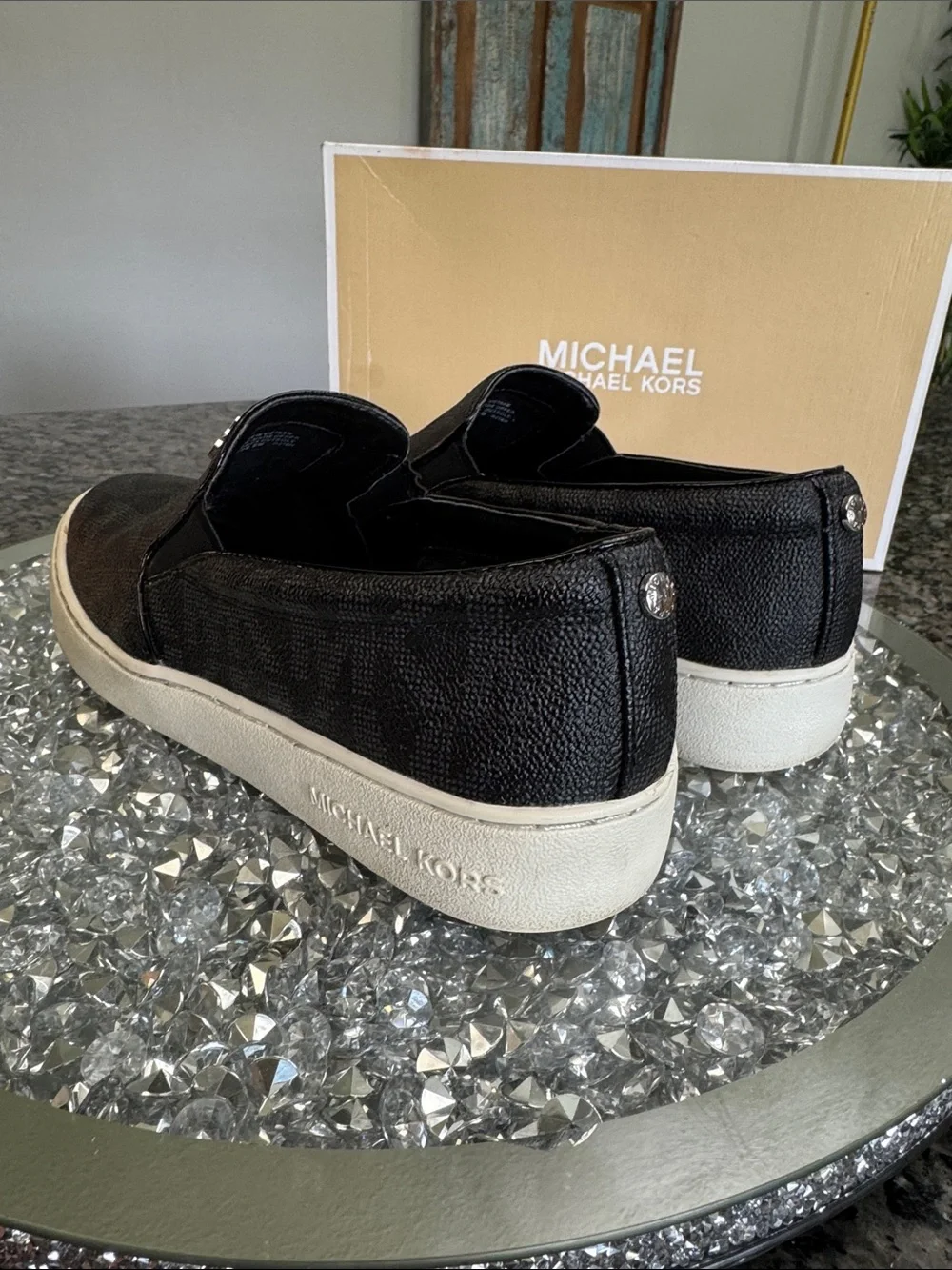 Michael Kors Black Logo-Print Slip-On Flats with White Sole